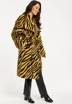 Women's Coat in Mustard and Black Zebra Print with Tie Waist and Longline Cut - Liquorish
