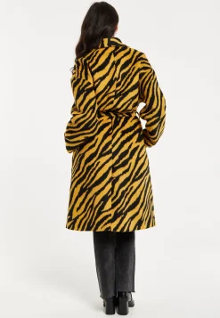 Women's Coat in Mustard and Black Zebra Print with Tie Waist and Longline Cut - Liquorish