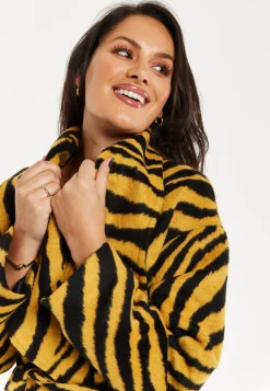 Women's Coat in Mustard and Black Zebra Print with Tie Waist and Longline Cut - Liquorish