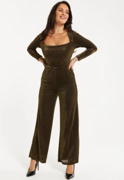 Women's Cowl Neck Full Length Lurex Jumpsuit with Wide Legs and Long Sleeves - Perfect for Parties, Liquorish