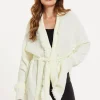 Women's Cream Open Front Cardigan with Fringe Details and Long Sleeves, Matching Belt - Liquorish