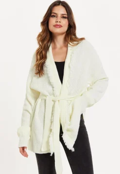 Women's Cream Open Front Cardigan with Fringe Details and Long Sleeves, Matching Belt - Liquorish