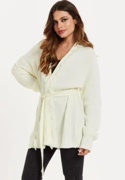 Women's Cream Open Front Cardigan with Fringe Details and Long Sleeves, Matching Belt - Liquorish