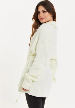 Women's Cream Open Front Cardigan with Fringe Details and Long Sleeves, Matching Belt - Liquorish