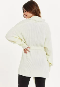 Women's Cream Open Front Cardigan with Fringe Details and Long Sleeves, Matching Belt - Liquorish
