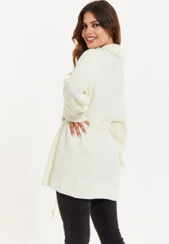 Women's Cream Open Front Cardigan with Fringe Details and Long Sleeves, Matching Belt - Liquorish