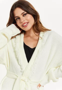 Women's Cream Open Front Cardigan with Fringe Details and Long Sleeves, Matching Belt - Liquorish