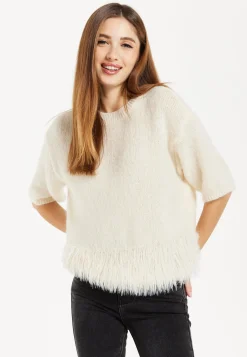 Women's Cream Short Sleeves Jumper with Chic Hem Detail and Loose Fit Design