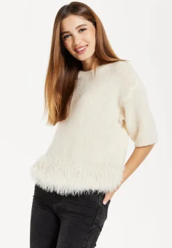 Women's Cream Short Sleeves Jumper with Chic Hem Detail and Loose Fit Design