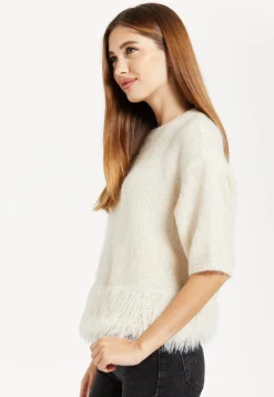 Women's Cream Short Sleeves Jumper with Chic Hem Detail and Loose Fit Design