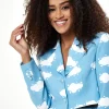 Women's Cropped Blue Cloud Print Blazer with Padded Shoulders, Boxy Fit - Liquorish