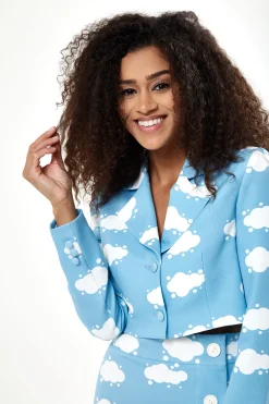 Women's Cropped Blue Cloud Print Blazer with Padded Shoulders, Boxy Fit - Liquorish