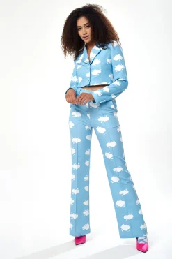 Women's Cropped Blue Cloud Print Blazer with Padded Shoulders, Boxy Fit - Liquorish