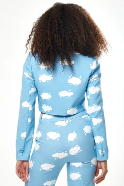 Women's Cropped Blue Cloud Print Blazer with Padded Shoulders, Boxy Fit - Liquorish