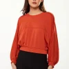 Women's Cropped Sweatshirt in Dark Orange with Voluminous Bat and Balloon Sleeves, Elastic Cuffs, and a Chic Design.