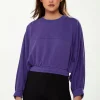Women's Cropped Sweatshirt in Purple with Unique Bat and Balloon Sleeves, Round Neck, and Elastic Cuffs for a Chic Look