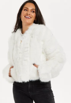 Women's Cropped White Jacket with Zip Detail, Tailored Fit, Elegant Style, Cozy Warmth - Liquorish