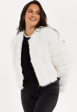 Women's Cropped White Jacket with Zip Detail, Tailored Fit, Elegant Style, Cozy Warmth - Liquorish