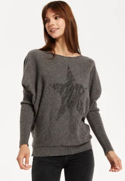 Women's Dark Grey Jumper with Fitted Long Sleeves and Sparkly Zebra Star Detail by Liquorish