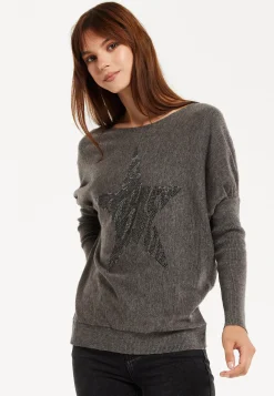 Women's Dark Grey Jumper with Fitted Long Sleeves and Sparkly Zebra Star Detail by Liquorish