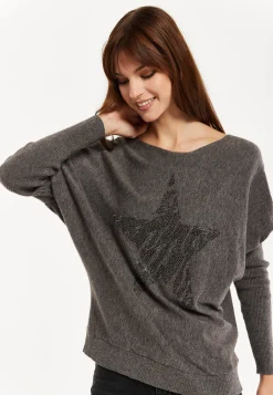 Women's Dark Grey Jumper with Fitted Long Sleeves and Sparkly Zebra Star Detail by Liquorish