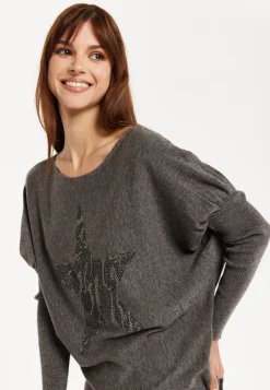 Women's Dark Grey Jumper with Fitted Long Sleeves and Sparkly Zebra Star Detail by Liquorish