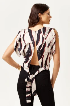 Women's Divine Grace Abstract Print Open Back Top with Tie Waist, Short Sleeves, Stylish Design, Regular Fit