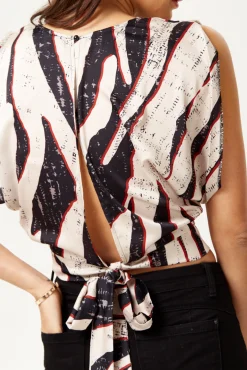 Women's Divine Grace Abstract Print Open Back Top with Tie Waist, Short Sleeves, Stylish Design, Regular Fit