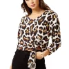 Women's Divine Grace Animal Print Tie Top with Long Sleeves and V-Neck - Regular Fit for Effortless Style