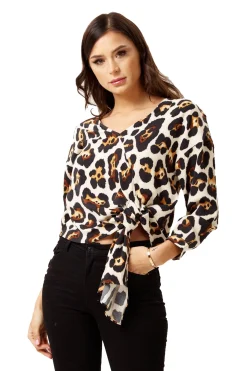 Women's Divine Grace Animal Print Tie Top with Long Sleeves and V-Neck - Regular Fit for Effortless Style