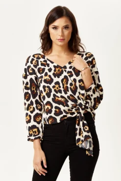 Women's Divine Grace Animal Print Tie Top with Long Sleeves and V-Neck - Regular Fit for Effortless Style