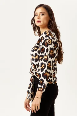 Women's Divine Grace Animal Print Tie Top with Long Sleeves and V-Neck - Regular Fit for Effortless Style
