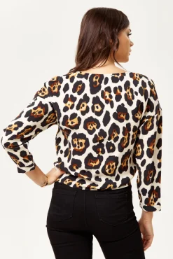 Women's Divine Grace Animal Print Tie Top with Long Sleeves and V-Neck - Regular Fit for Effortless Style