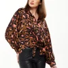 Women's Divine Grace Blouse with Front Tie in Brown & Coral Leopard Print - Long Sleeve, Button Front, Collar, Cuffs