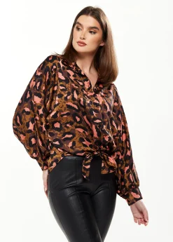 Women's Divine Grace Blouse with Front Tie in Brown & Coral Leopard Print - Long Sleeve, Button Front, Collar, Cuffs