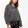 Women's Divine Grace Blouse with Front Tie in Black & White Animal Print, Long Sleeves, Button Front, Collared Design