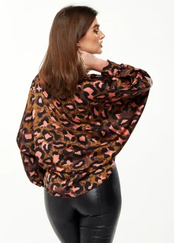 Women's Divine Grace Blouse with Front Tie in Brown & Coral Leopard Print - Long Sleeve, Button Front, Collar, Cuffs