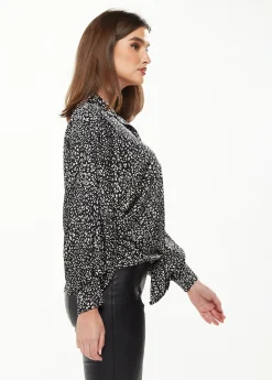 Women's Divine Grace Blouse with Front Tie in Black & White Animal Print, Long Sleeves, Button Front, Collared Design