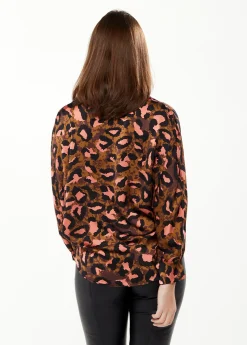Women's Divine Grace Blouse with Front Tie in Brown & Coral Leopard Print - Long Sleeve, Button Front, Collar, Cuffs