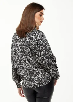 Women's Divine Grace Blouse with Front Tie in Black & White Animal Print, Long Sleeves, Button Front, Collared Design