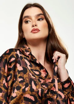 Women's Divine Grace Blouse with Front Tie in Brown & Coral Leopard Print - Long Sleeve, Button Front, Collar, Cuffs
