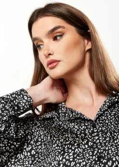 Women's Divine Grace Blouse with Front Tie in Black & White Animal Print, Long Sleeves, Button Front, Collared Design