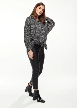 Women's Divine Grace Blouse with Front Tie in Black & White Animal Print, Long Sleeves, Button Front, Collared Design