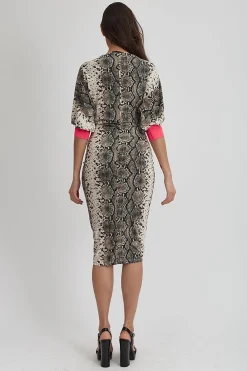 Women's Divine Grace Jersey Dress in Snake Skin Print with Hot Pink Trim, Ruching Front, and Midi Length Design.