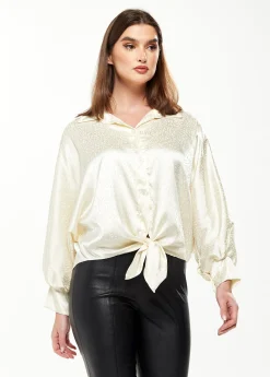 Women's Divine Grace Leopard Jacquard Blouse with Front Waist Tie in Off White, Long Sleeves, Button Front, Collar