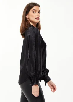 Women's Divine Grace Leopard Jacquard Blouse with Front Waist Tie in Black, Long Sleeves, Button Front, and Collar.