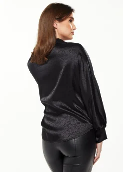 Women's Divine Grace Leopard Jacquard Blouse with Front Waist Tie in Black, Long Sleeves, Button Front, and Collar.