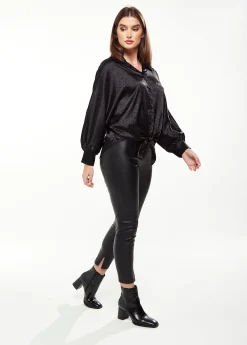 Women's Divine Grace Leopard Jacquard Blouse with Front Waist Tie in Black, Long Sleeves, Button Front, and Collar.