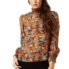 Women's Divine Grace Long Sleeve Floral Print Top in Brown with High Neck and Elasticated Cuffs
