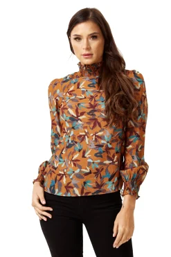 Women's Divine Grace Long Sleeve Floral Print Top in Brown with High Neck and Elasticated Cuffs